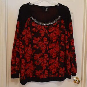 New Directions Women's Blouse with Roses & Rhinestones
